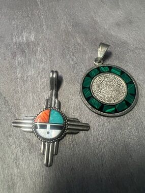 Sterling Inlay Zia Cross Pendant with Turquoise, Coral, and Mother of Pearl